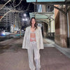 Women's Long Sleeve Polyester Solid Color Sequin Three Piece Set with Blazer Underwear and Pants for Casual European American Style in Coat