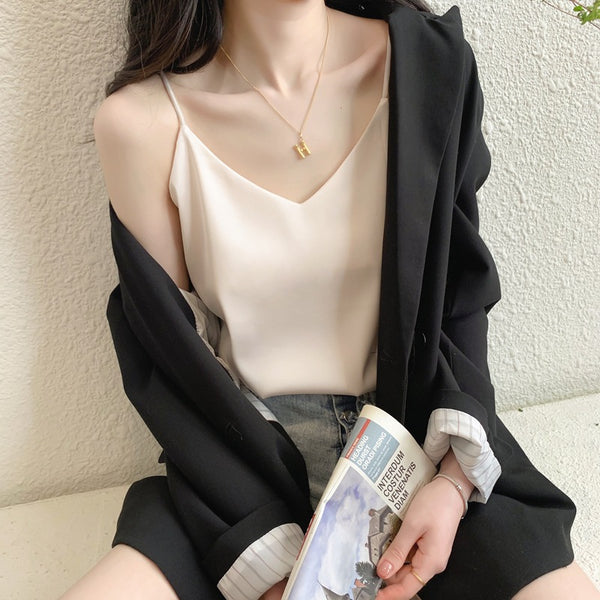 Women's Loose Fit Artificial Silk Solid Color Sling Style Casual Vest for Spring Summer in Black White Gray Pink