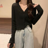 Women's Slim Fit Halter Neck Acrylic 3D Effect Cardigan with Single Row Multiple Buckles Three-Quarter Sleeves in Macaron Colors for Summer Coffee