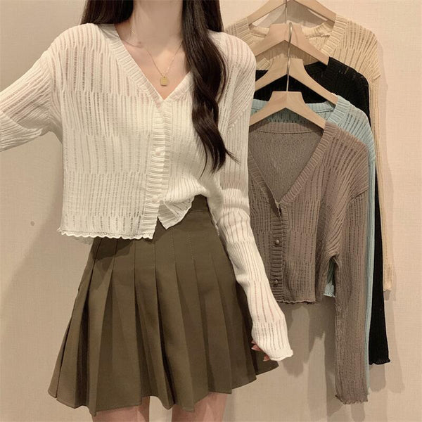 Women's Slim Fit Halter Neck Acrylic 3D Effect Cardigan with Single Row Multiple Buckles Three-Quarter Sleeves in Macaron Colors for Summer Coffee