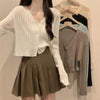 Women's Slim Fit Halter Neck Acrylic 3D Effect Cardigan with Single Row Multiple Buckles Three-Quarter Sleeves in Macaron Colors for Summer Coffee