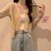 Women's Slim Fit Halter Neck Acrylic 3D Effect Cardigan with Single Row Multiple Buckles Three-Quarter Sleeves in Macaron Colors for Summer Coffee