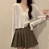Women's Slim Fit Halter Neck Acrylic 3D Effect Cardigan with Single Row Multiple Buckles Three-Quarter Sleeves in Macaron Colors for Summer Coffee