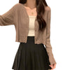 Women's Slim Fit Halter Neck Acrylic 3D Effect Cardigan with Single Row Multiple Buckles Three-Quarter Sleeves in Macaron Colors for Summer Coffee