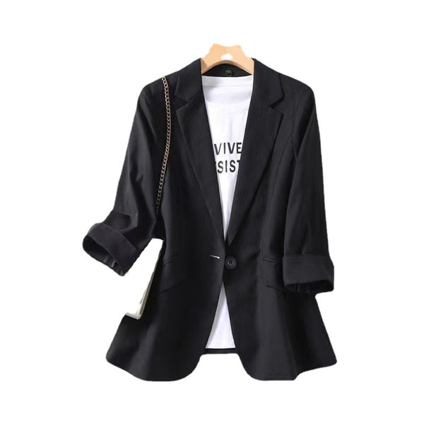 Women's Loose Fit Solid Color One Button Blazer with Seven-Point Sleeves and Button Detail for Leisure Casual in Apricot