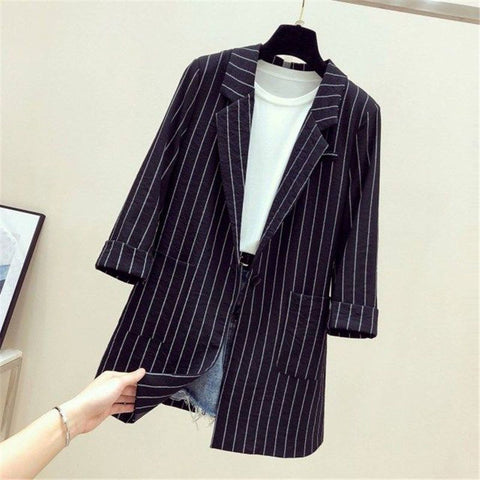 Women's Loose Fit Long Sleeve Striped Blazer with Buttons for Urban Casual Wear in Black