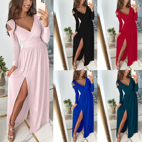 Women's Long Dress, V-Neck, Long Sleeves and Split Skirt