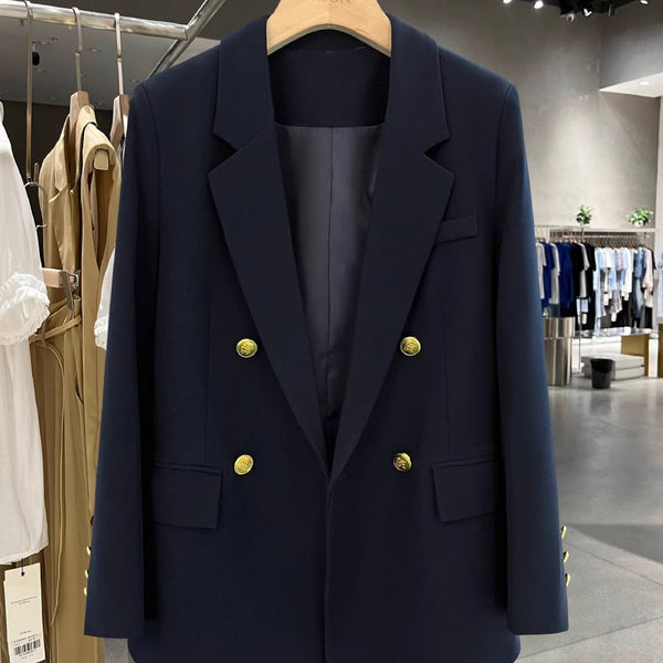Women's Loose Fit Double Breasted Buckle Long Sleeve Solid Color Office Wind Casual Blazer Jacket for Office Wear in Navy