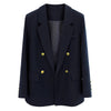 Women's Loose Fit Double Breasted Buckle Long Sleeve Solid Color Office Wind Casual Blazer Jacket for Office Wear in Navy