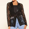 Women's Slim Fit Lace Flower Lapel Long Sleeve One Button Elegant Crocheted Flower Jacket for Casual in Black