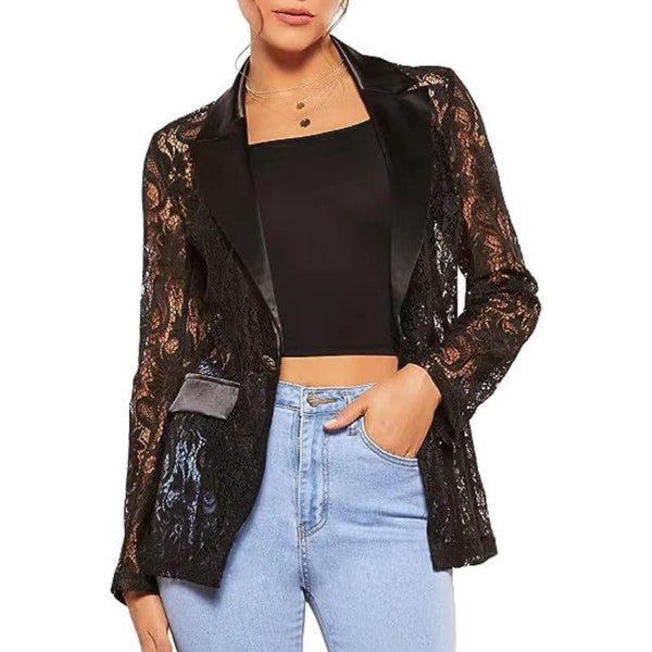Women's Slim Fit Lace Flower Lapel Long Sleeve One Button Elegant Crocheted Flower Jacket for Casual in Black