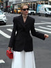 Women's Slim Fit British Style Polyester Solid Color Suit Collar Long Sleeve Single Button Jacket with Waist Cinching for Spring in Black White