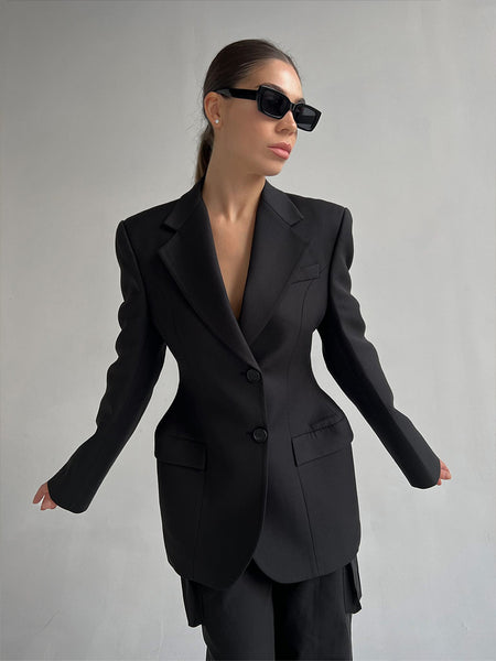 Women's Slim Fit British Style Polyester Solid Color Suit Collar Long Sleeve Single Button Jacket with Waist Cinching for Spring in Black White