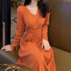 Women's Knit A-Line Dress, V-Neck, High Waist and Long Sleeves