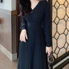 Women's Knit A-Line Dress, V-Neck, High Waist and Long Sleeves