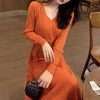 Women's Knit A-Line Dress, V-Neck, High Waist and Long Sleeves