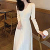 Women's Knit A-Line Dress, V-Neck, High Waist and Long Sleeves