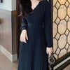 Women's Knit A-Line Dress, V-Neck, High Waist and Long Sleeves