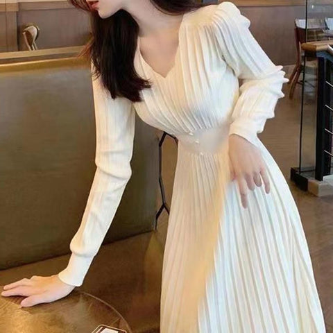 Women's Knit A-Line Dress, V-Neck, High Waist and Long Sleeves
