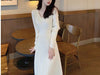 Women's Knit A-Line Dress, V-Neck, High Waist and Long Sleeves