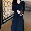 Women's Knit A-Line Dress, V-Neck, High Waist and Long Sleeves