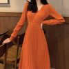 Women's Knit A-Line Dress, V-Neck, High Waist and Long Sleeves