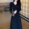 Women's Knit A-Line Dress, V-Neck, High Waist and Long Sleeves