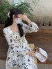 Women's Floral Long Dress, Long Sleeves and Defined Waist