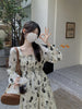 Women's Floral Long Dress, Long Sleeves and Defined Waist
