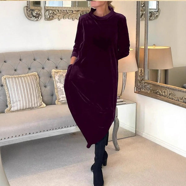 Women's Velvet-Style Long Dress, Round Neck, Long Sleeves and Straight Skirt