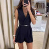 Women's Urban Chic Sleeveless Polyester Blazer Jumpsuit with Belt for Commute Work in Black