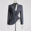Women's Waist-Cinching Polyester Solid Color Suit Collar Long Sleeve Single Row and Multiple Buckles Jacket with Waist Exposed for Summer in Black