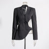 Women's Waist-Cinching Polyester Solid Color Suit Collar Long Sleeve Single Row and Multiple Buckles Jacket with Waist Exposed for Summer in Black