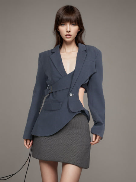 Women's Waist-Cinching Polyester Solid Color Suit Collar Long Sleeve Single Row and Multiple Buckles Jacket with Waist Exposed for Summer in Black