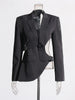 Women's Waist-Cinching Polyester Solid Color Suit Collar Long Sleeve Single Row and Multiple Buckles Jacket with Waist Exposed for Summer in Black