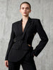 Women's Waist-Cinching Polyester Solid Color Suit Collar Long Sleeve Single Row and Multiple Buckles Jacket with Waist Exposed for Summer in Black