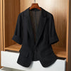 Women's Slim Fit Solid Color Single Breasted One Button Half Sleeve Casual Blazer Jacket for Office Work in Black White