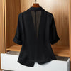 Women's Slim Fit Solid Color Single Breasted One Button Half Sleeve Casual Blazer Jacket for Office Work in Black White
