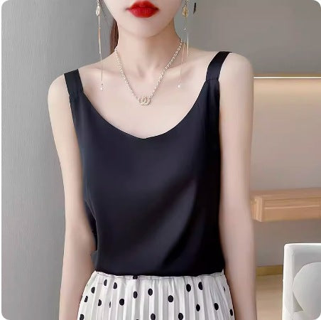 Women's Loose Fit Solid Color Mulberry Silk Sling Style Vest for Summer Layering in White Champagne Grey Khaki