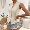 Women's Slim Fit Sleeveless Polyester Solid Color Vest with Stand Collar Single Row Two Buttons for Spring in Champagne Black White