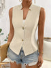 Women's Slim Fit Sleeveless Polyester Solid Color Vest with Stand Collar Single Row Two Buttons for Spring in Champagne Black White