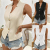 Women's Slim Fit Sleeveless Polyester Solid Color Vest with Stand Collar Single Row Two Buttons for Spring in Champagne Black White