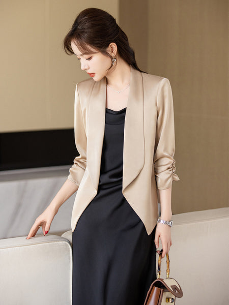 Women's Regular Fit One Button Polyester Solid Color Seven Point Sleeve Casual Cardigan for Office Style in Champagne Suit