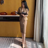 Women's Long Sleeve Solid Color Polyester Office Wind Blazer Dress with A-Line Skirt Two Piece Suit for Office Work in Khaki