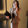Women's Long Sleeve Solid Color Polyester Office Wind Blazer Dress with A-Line Skirt Two Piece Suit for Office Work in Khaki