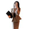 Women's Long Sleeve Solid Color Polyester Office Wind Blazer Dress with A-Line Skirt Two Piece Suit for Office Work in Khaki