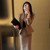 Women's Long Sleeve Solid Color Polyester Office Wind Blazer Dress with A-Line Skirt Two Piece Suit for Office Work in Khaki