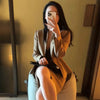 Women's Long Sleeve Solid Color Polyester Office Wind Blazer Dress with A-Line Skirt Two Piece Suit for Office Work in Khaki
