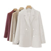 Women's Loose Fit Double-Row Two-Grain Buckle Long Sleeve Solid Color Casual Office Jacket for Coffee Black Raspberry