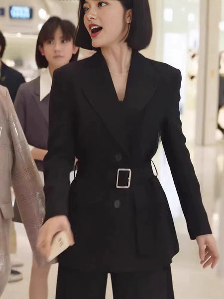Women's Slim Fit Long Sleeve Single Row Multiple Buckle Jacket Office Wind Style for Work in Black